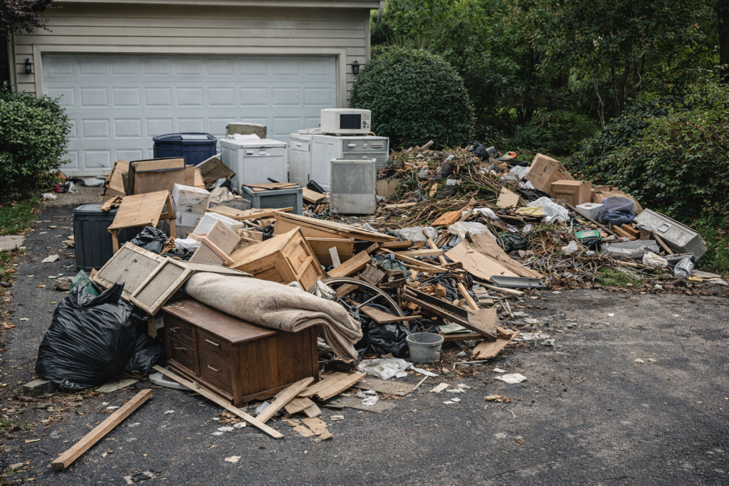 driveway cleanout with junk and debris ready for removal