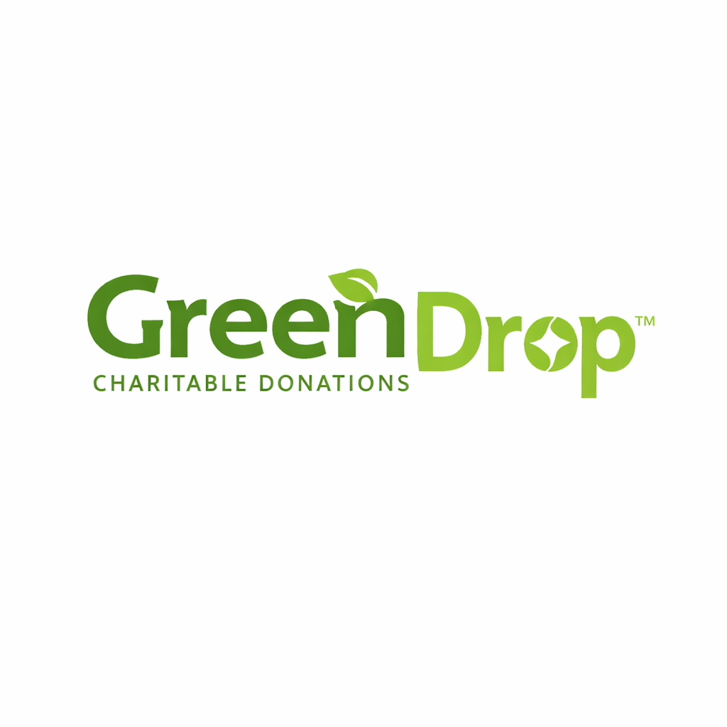 GreenDrop charitable donations logo with green text and leaf icon representing clothing and household item donation services