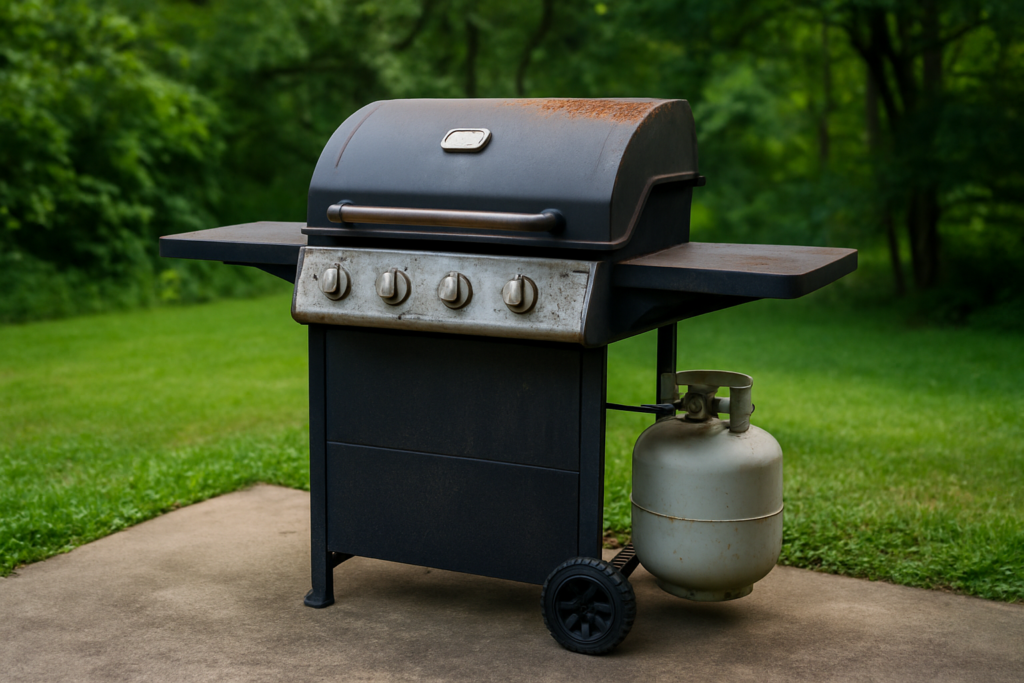 grill removal outdoor gas grill being removed from backyard patio