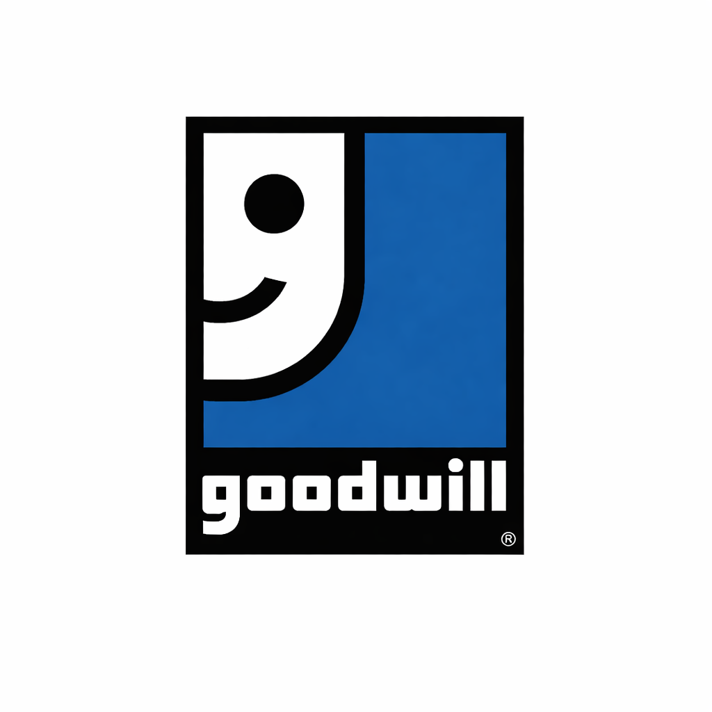 Goodwill logo with stylized smiling “g” icon and bold blue and white design representing nonprofit donation organization