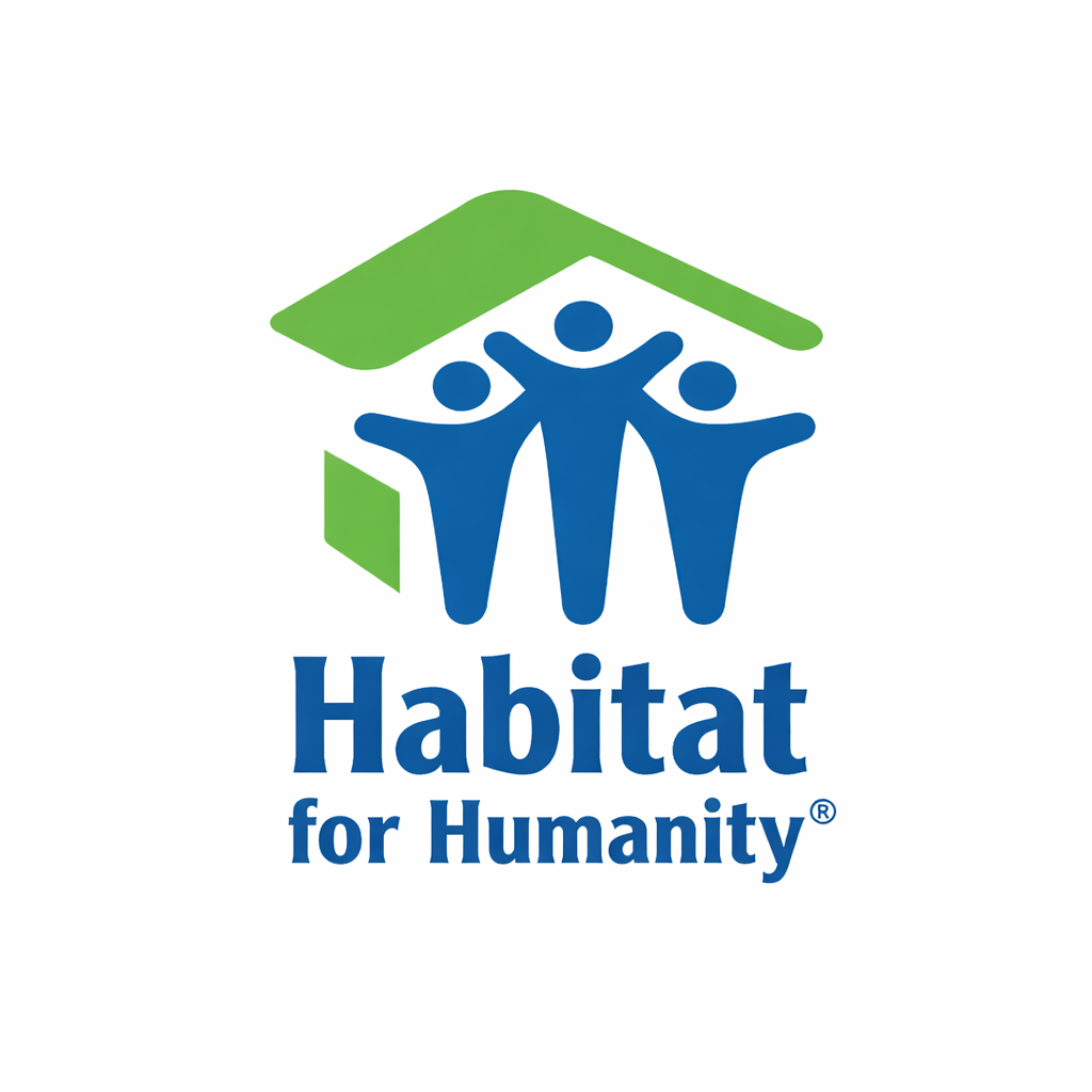 Habitat for Humanity logo with three people under a green roof symbol representing affordable housing nonprofit organization