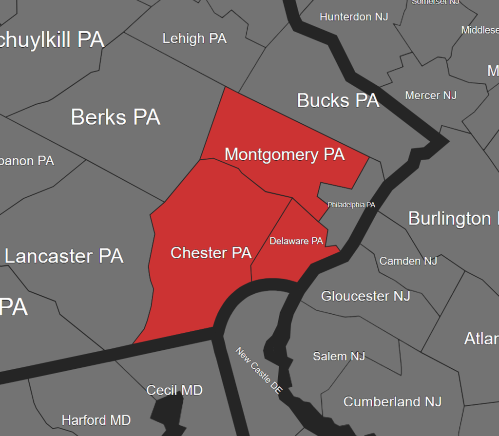 Junk removal service area covering Chester County, Montgomery County, and Delaware County in Pennsylvania