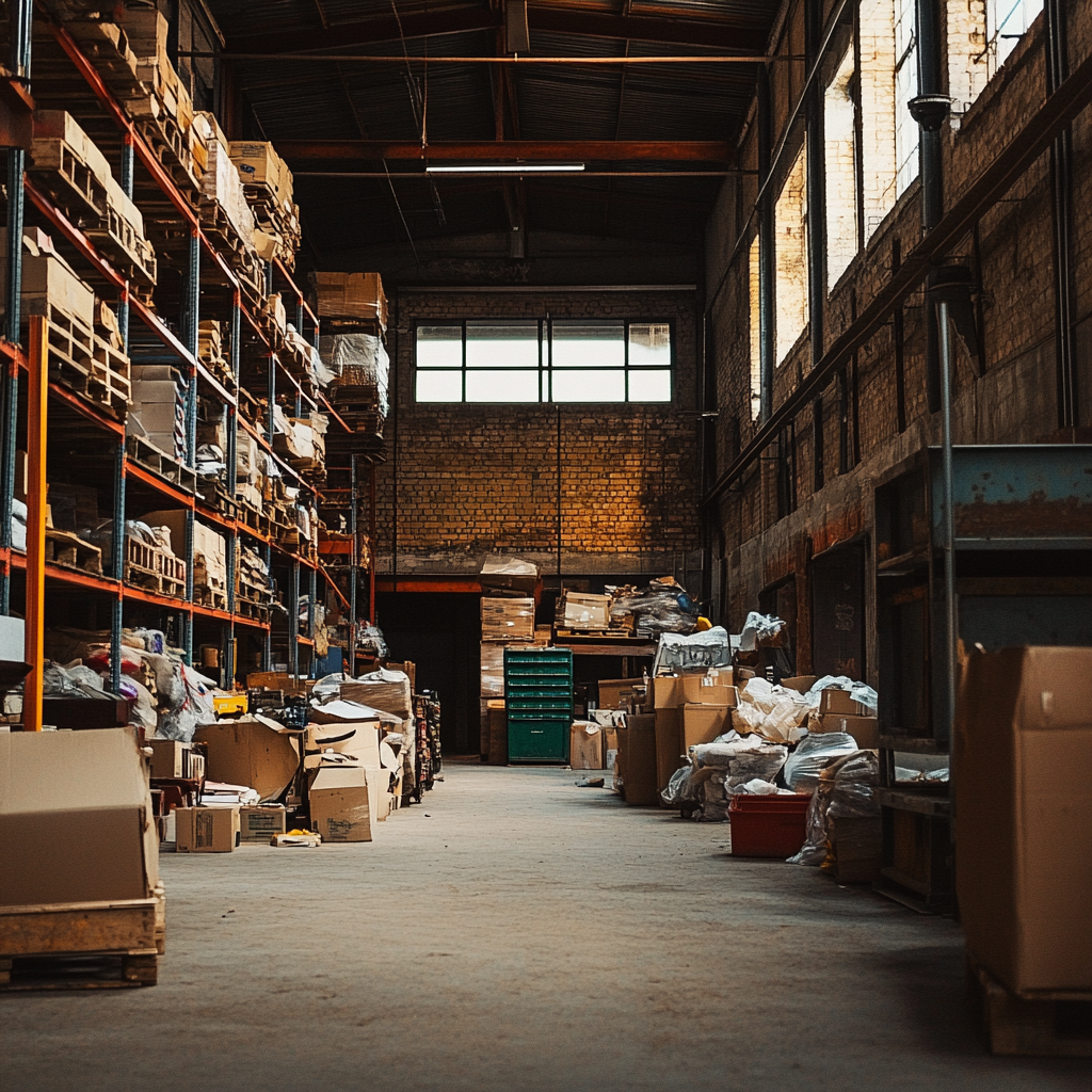 warehouse cleanout with bulk items and debris ready for removal