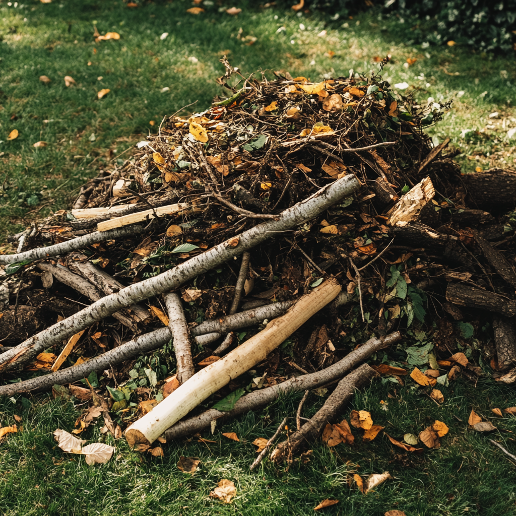 yard waste removal with branches leaves and debris ready for hauling